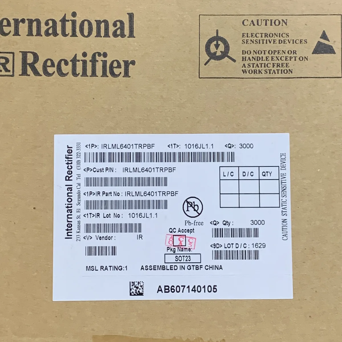 IRLML6401TRPBF 芯片现货实拍照片
